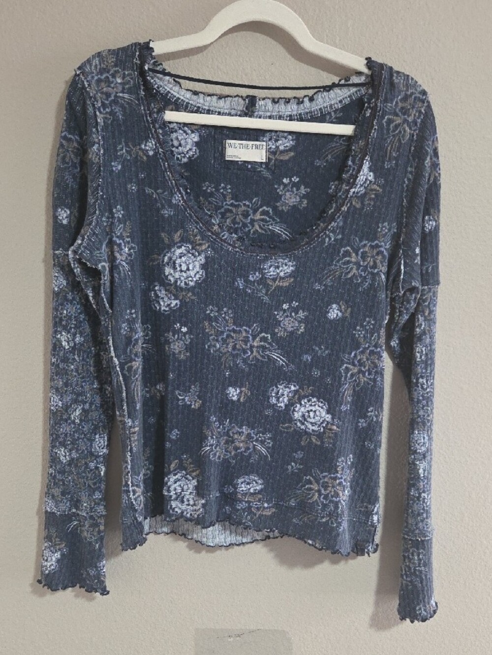 We The Free Vintage Blue Floral Ribbed Long-Sleeve Tee - Picture 3 of 8